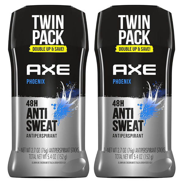 The AXE 2 Pack Deodorant for Men, Phoenix Mint & Rosemary, includes two 2.7oz sticks in black and silver packaging, offering 48-hour sweat protection. Each twin pack features the Double Up & Save! label.